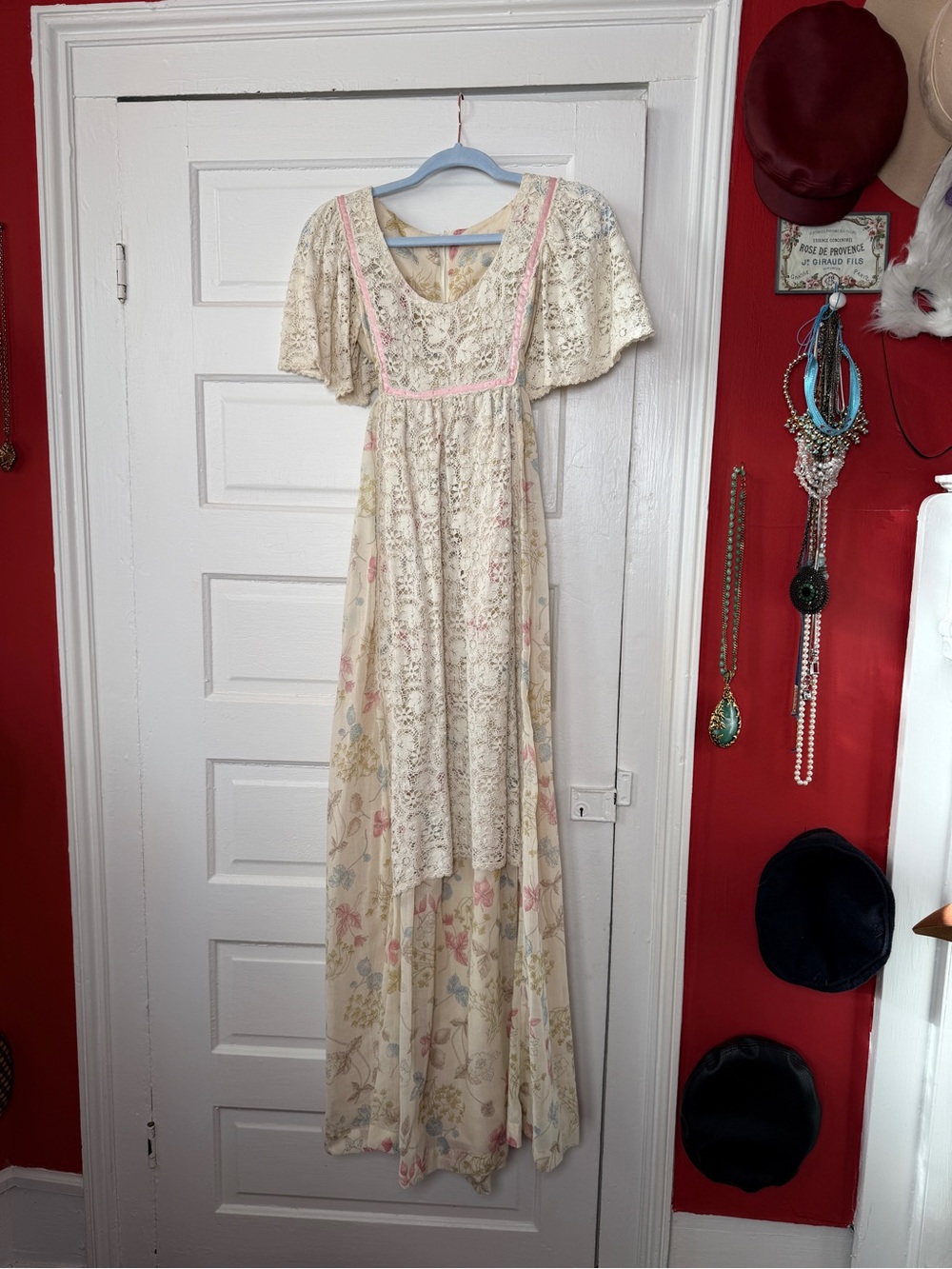 Vintage Brand Unknown Factory Made Cream Floral Lace Maxi Dress with Pink Trim